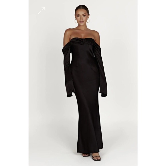 Meshki Dresses & Skirts - Meshki Size XXXL Giselle Black Satin Off Shoulder Long Sleeve Maxi Gown